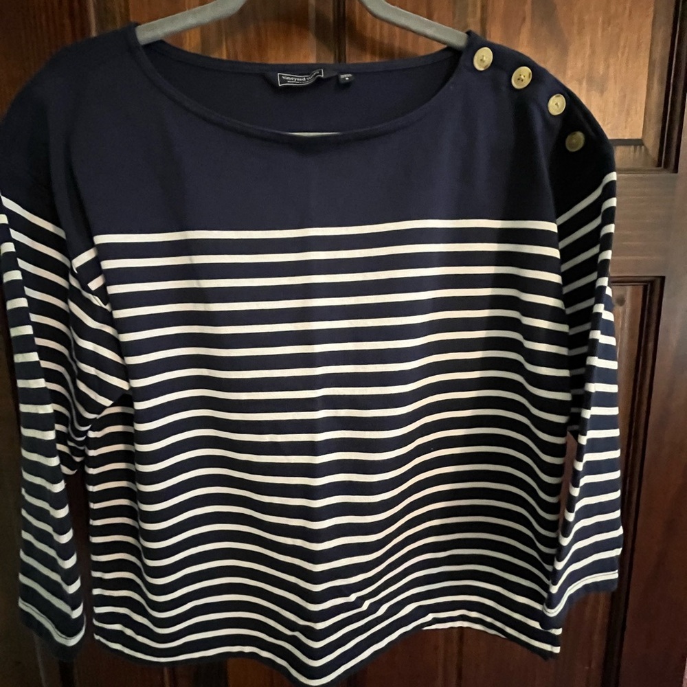 Vineyard Vines Blue and White Boxy 3/4 Sleeve Blouse